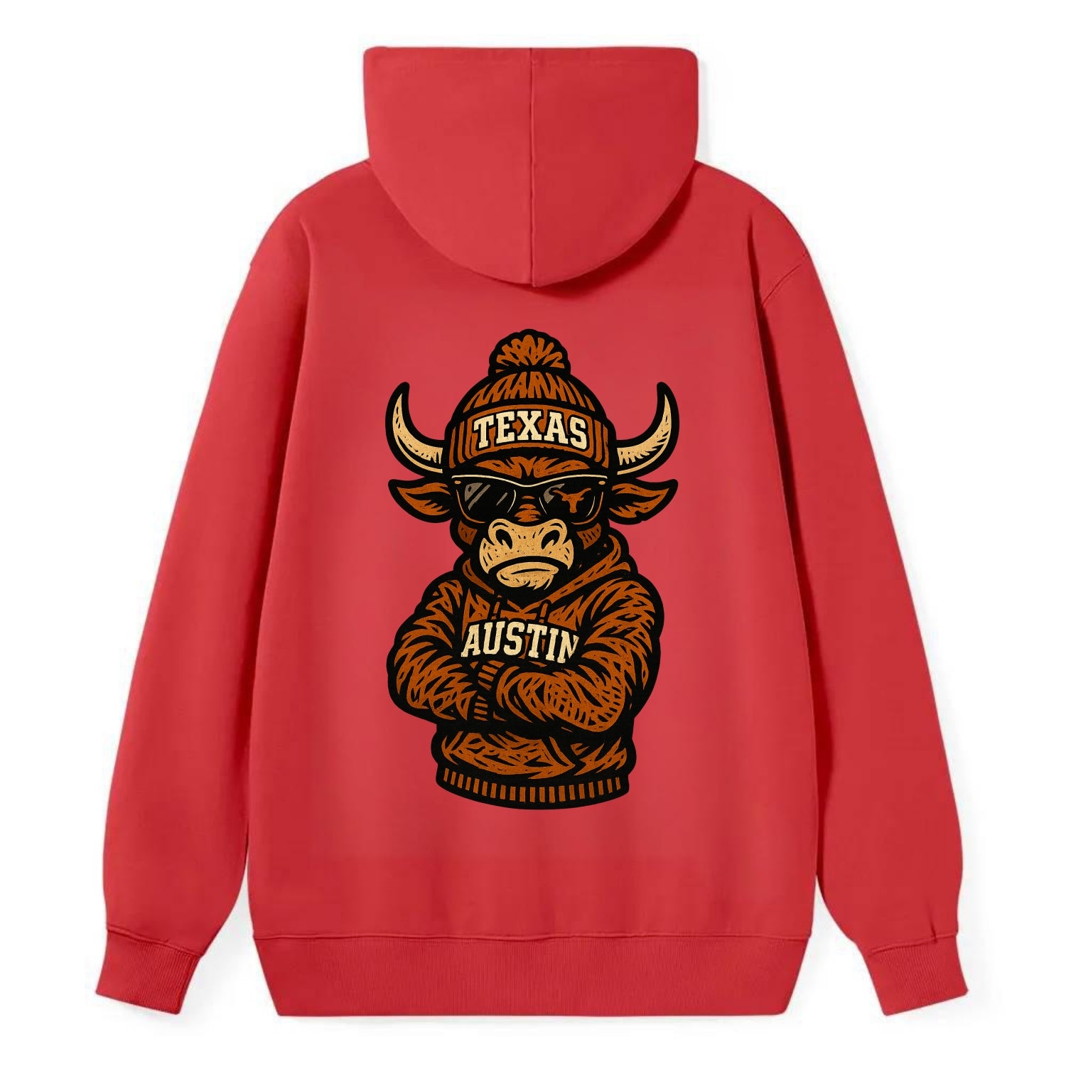 Austin Bevo wearing Texas beanie with longhorn patch - Classic Pullover Hoodie - Red