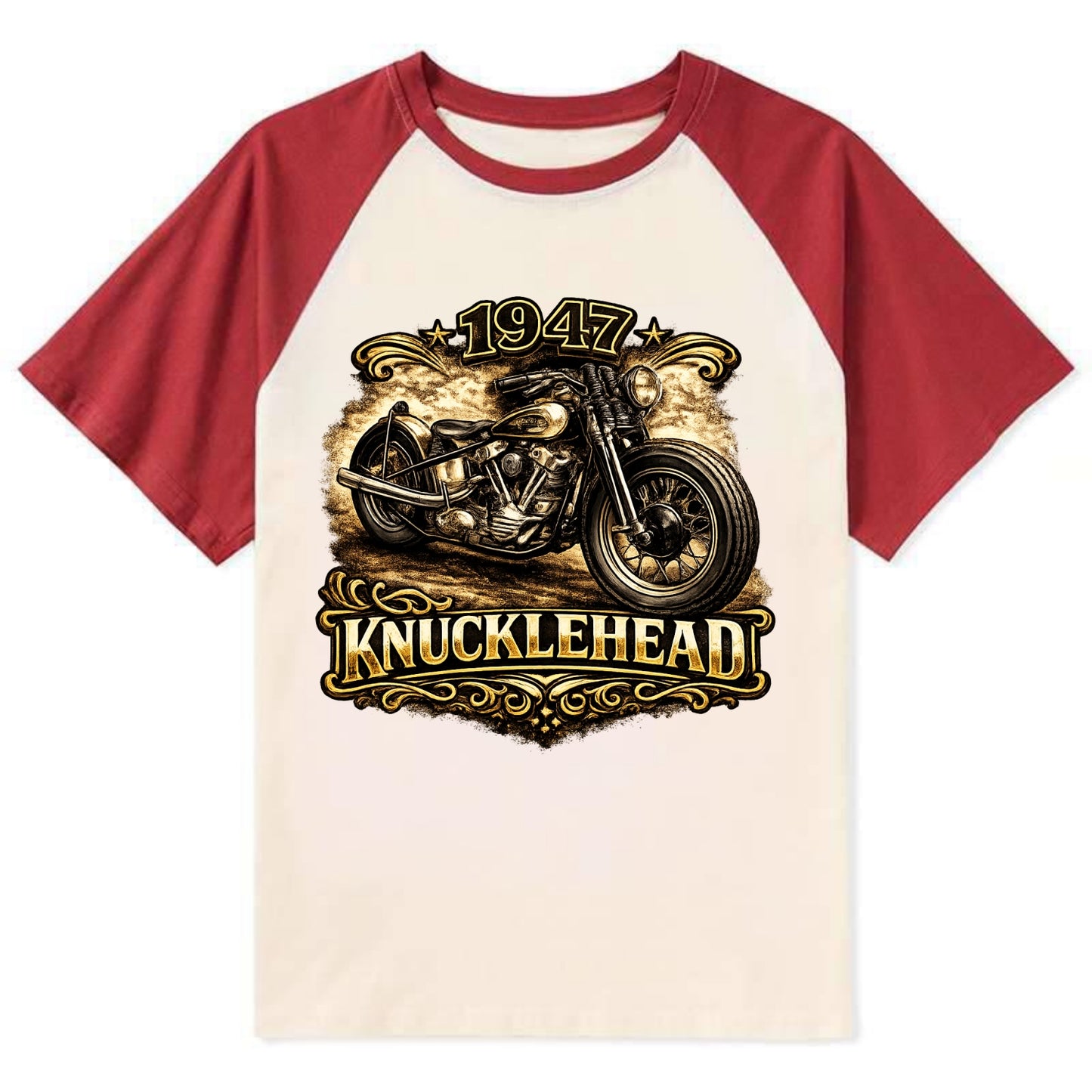 1947 Knucklehead Bobber - Contrast Raglan T-shirt - Red