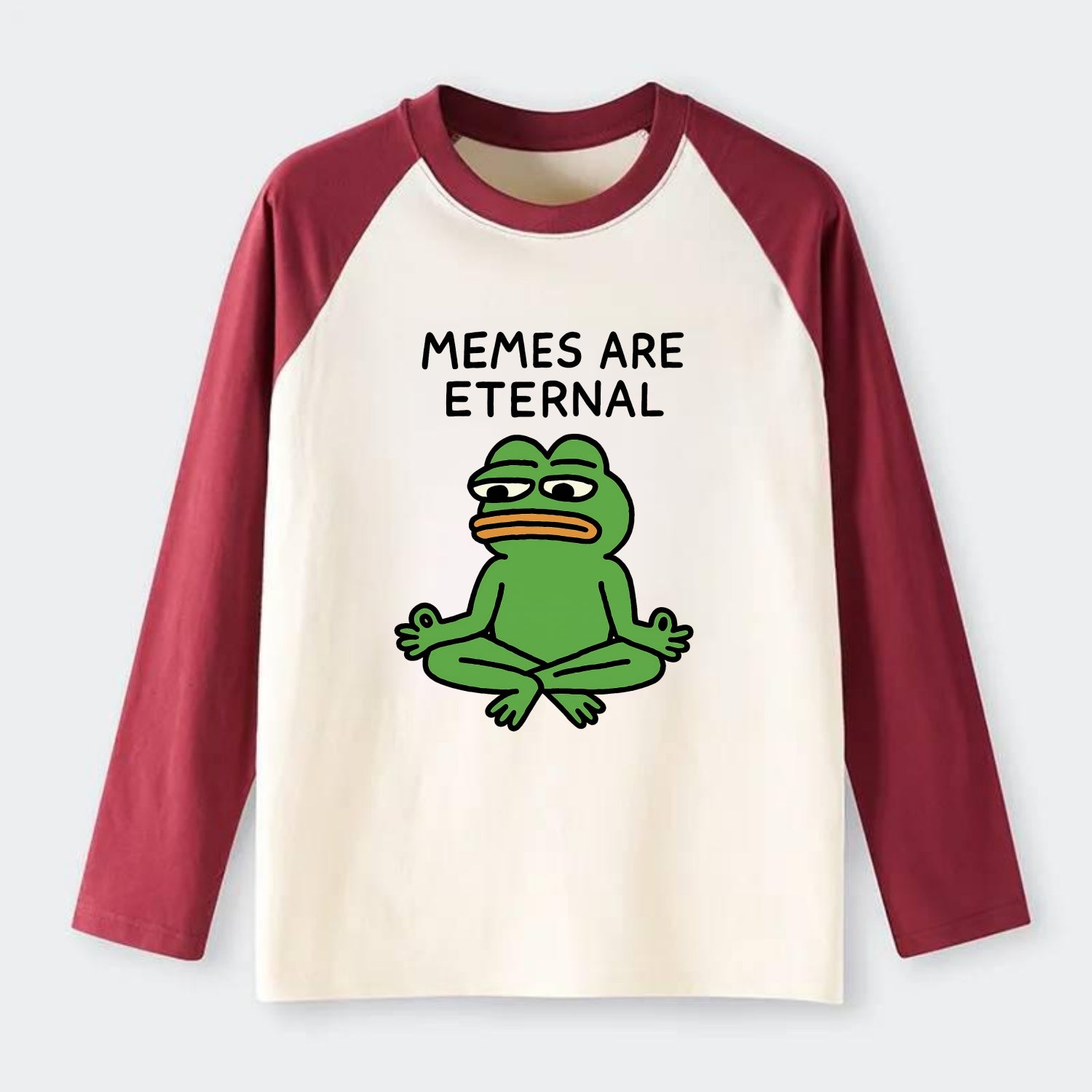 MEMES ARE ETERNAL | Immortal pepe meditating - Raglan Long Sleeve T-Shirt - Red