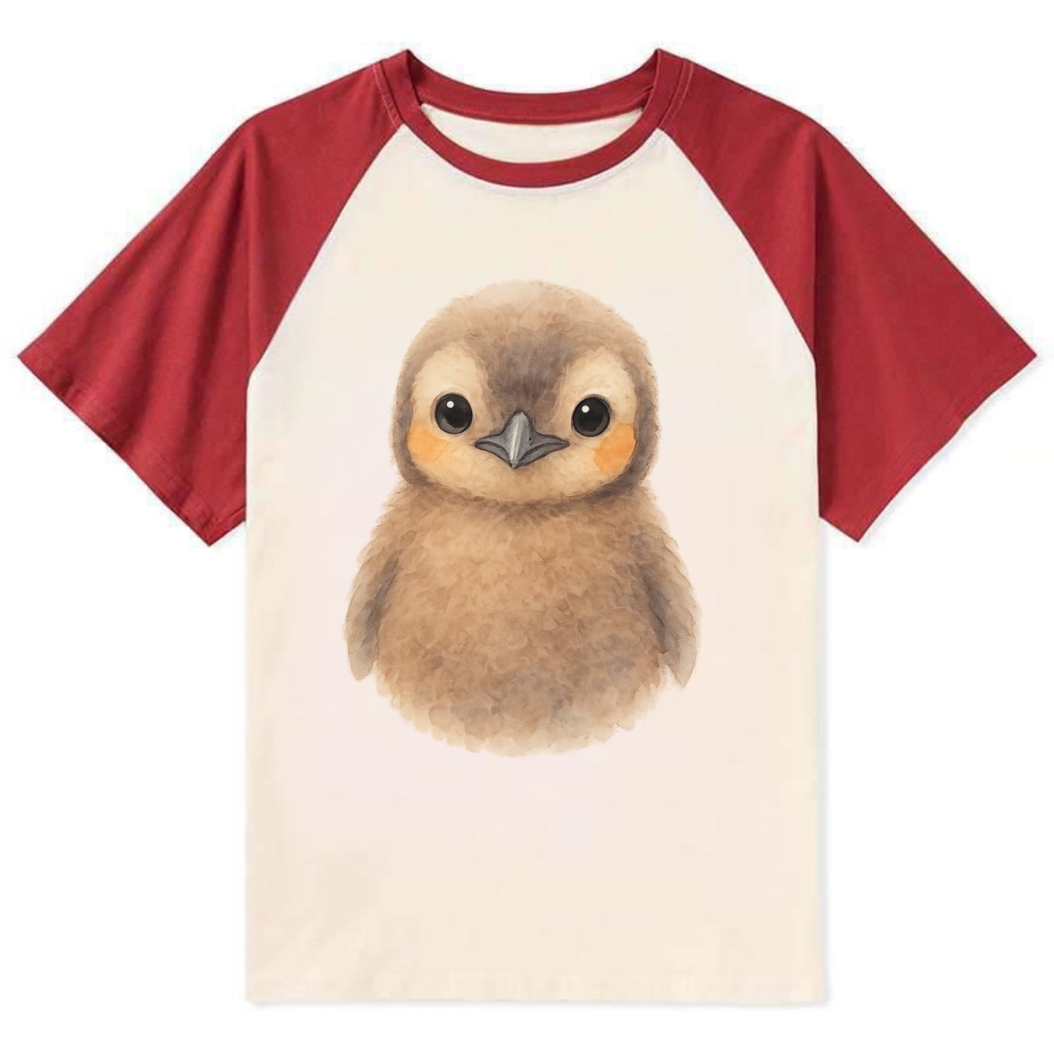 Baby King Penguin - orange cheek patches, fluffy brown, large eyes, - Contrast Raglan T-shirt - Red