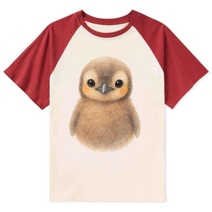 Baby King Penguin - orange cheek patches, fluffy brown, large eyes, - Contrast Raglan T-shirt - Red