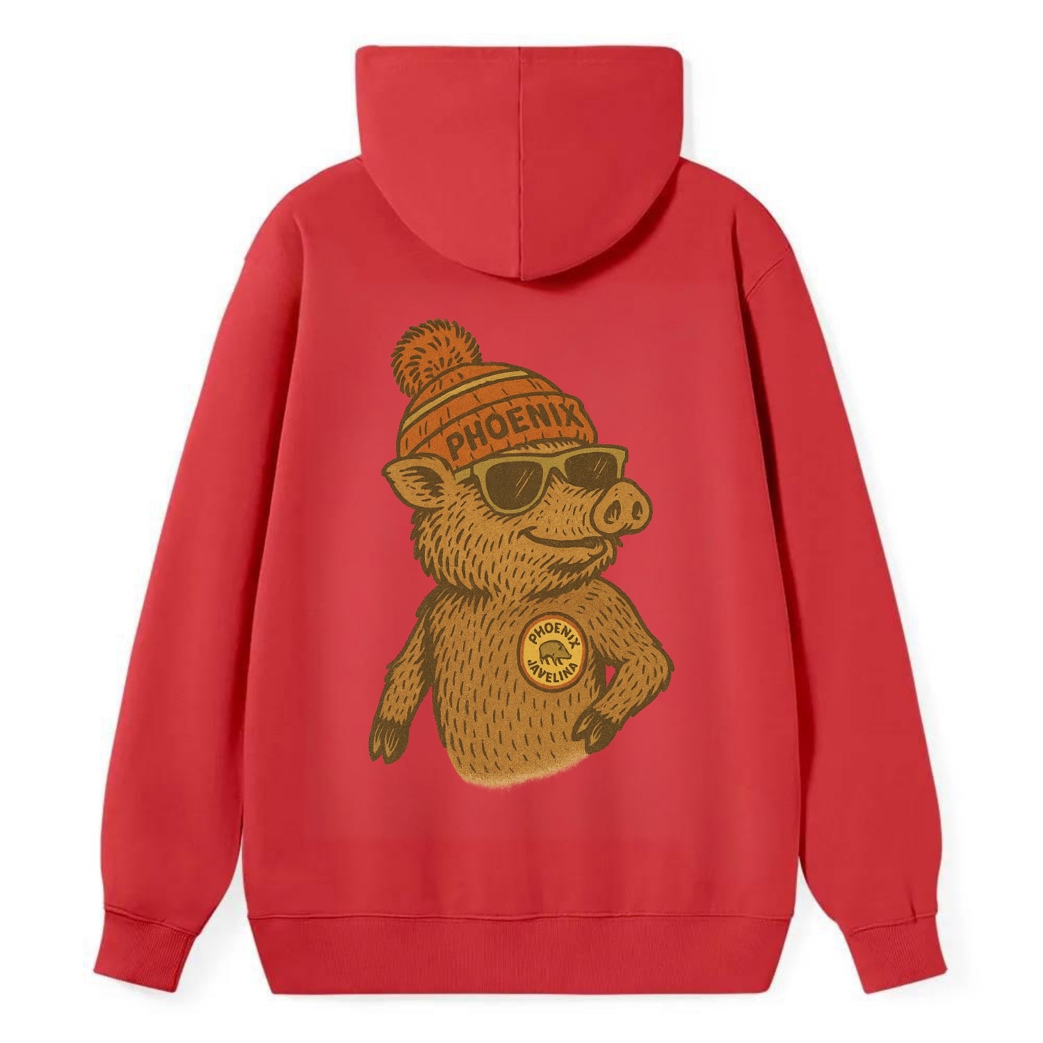 Phoenix Javelina wearing Phoenix beanie with pom pom and wayfarer - Classic Pullover Hoodie - Red