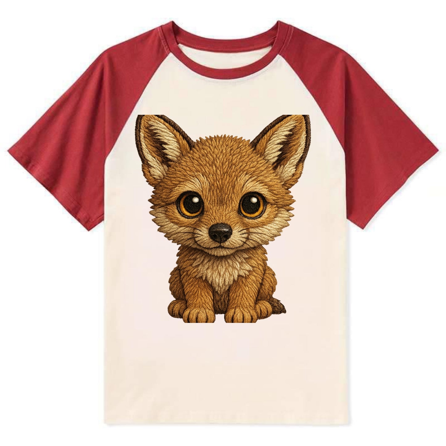 Baby Coyote Pup - tan fur, large ears, golden eyes, front-facing, clever - Contrast Raglan T-shirt - Red