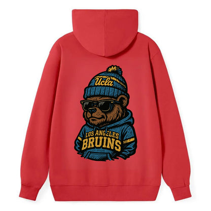 Los Angeles Bruin wearing UCLA beanie with script patch - Classic Pullover Hoodie - Red