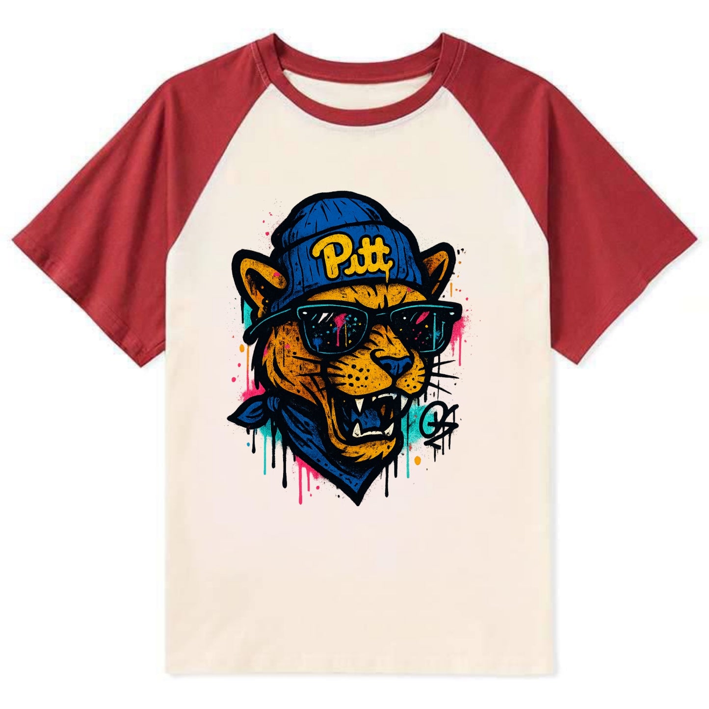 Pittsburgh Panther wearing Pitt beanie with script patch - Contrast Raglan T-shirt - Red