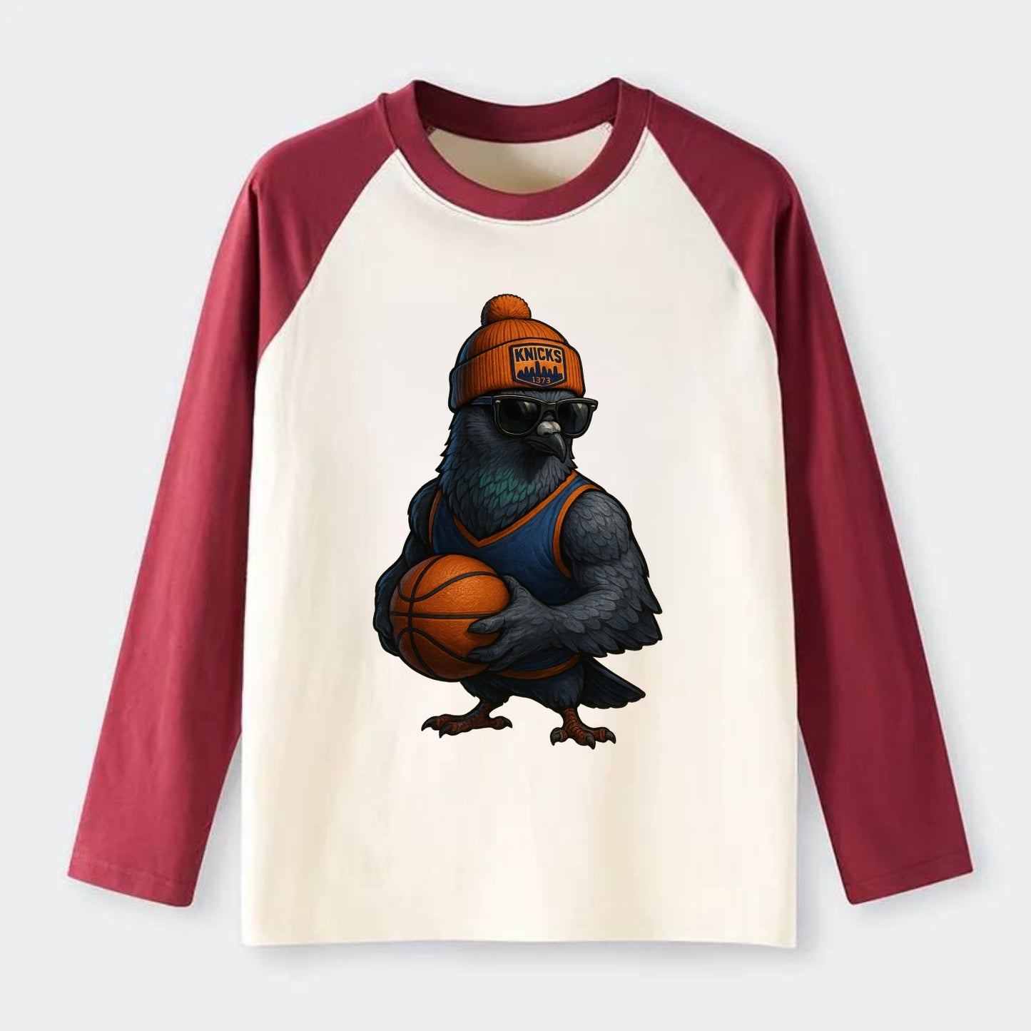 Manhattan Pigeon wearing Knicks beanie with skyline patch and wayfarer - Raglan Long Sleeve T-Shirt - Red