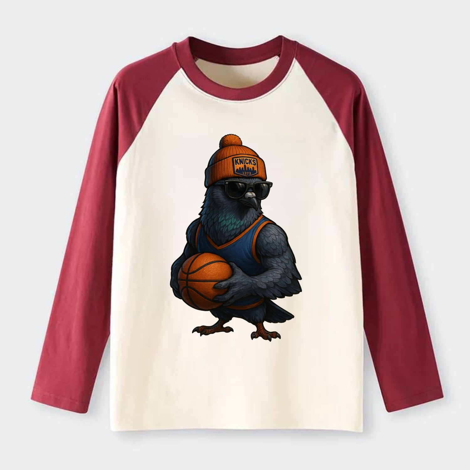 Manhattan Pigeon wearing Knicks beanie with skyline patch and wayfarer - Raglan Long Sleeve T-Shirt - Red