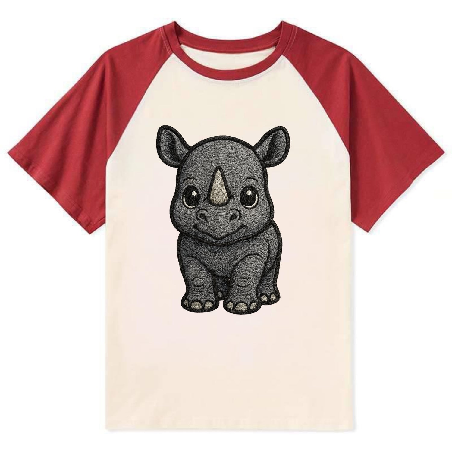 Baby Rhino - gray armor skin, tiny horn nub, round eyes, front-facing, - Contrast Raglan T-shirt - Red