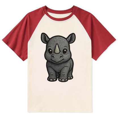 Baby Rhino - gray armor skin, tiny horn nub, round eyes, front-facing, - Contrast Raglan T-shirt - Red