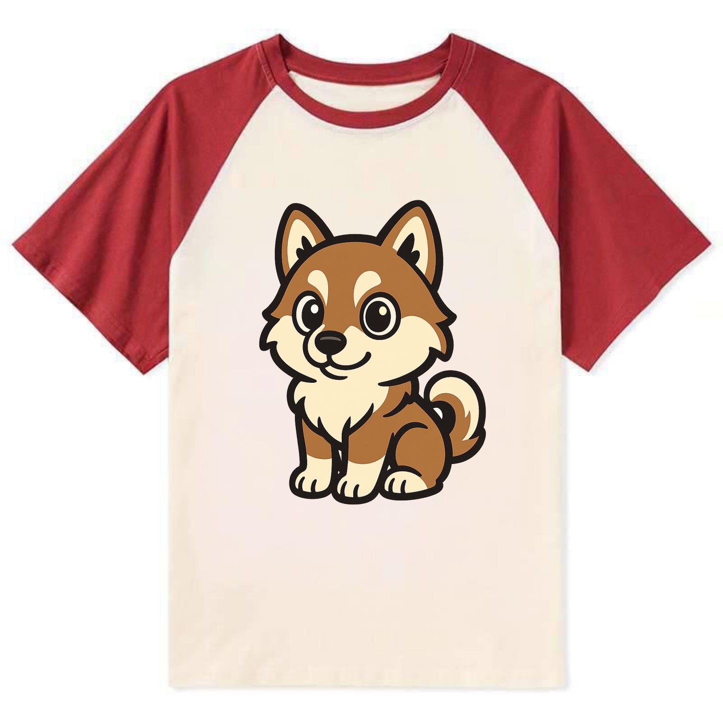 Pomsky - Pomeranian-Husky mix sitting pose - Contrast Raglan T-shirt - Red