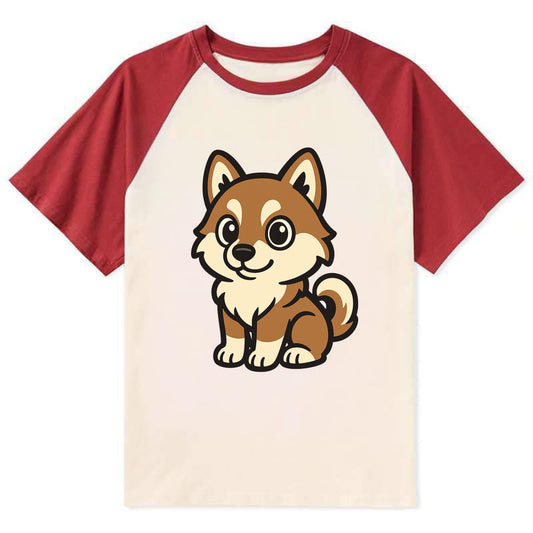 Pomsky - Pomeranian-Husky mix sitting pose - Contrast Raglan T-shirt - Red