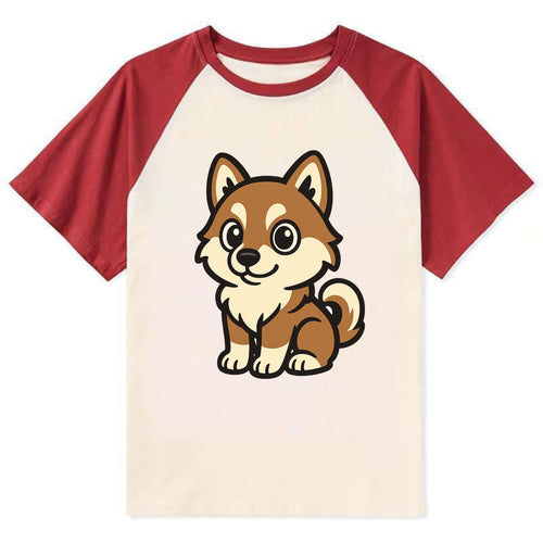 Pomsky - Pomeranian-Husky mix sitting pose - Contrast Raglan T-shirt