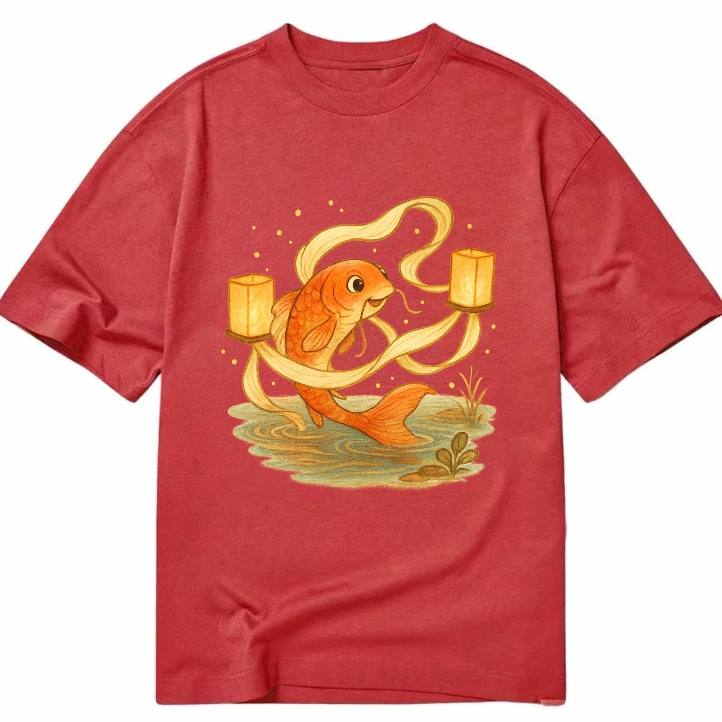 Koi weaving silk streamers through floating lanterns on tranquil water - Classic T-shirt - Red