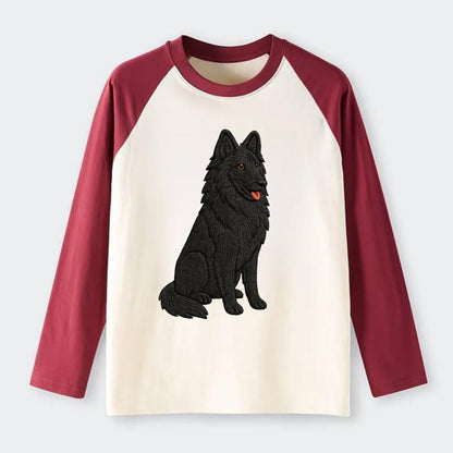 Belgian Sheepdog - Black long-haired embroidered pose - Raglan Long Sleeve T-Shirt - Red