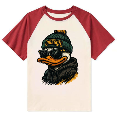 Eugene Duck wearing Oregon beanie with O patch - Contrast Raglan T-shirt