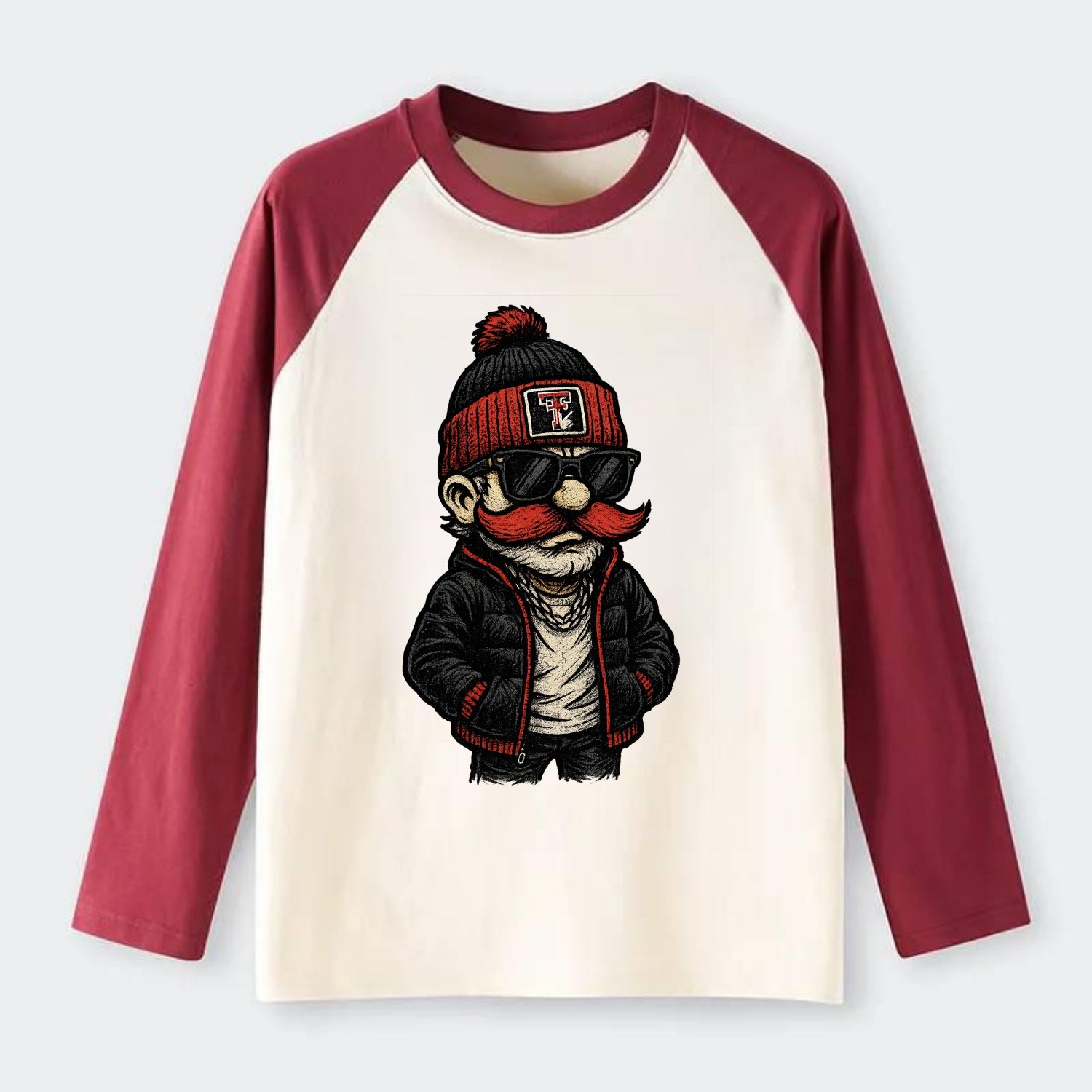 Lubbock Raider wearing Texas Tech beanie with guns up patch - Raglan Long Sleeve T-Shirt - Red