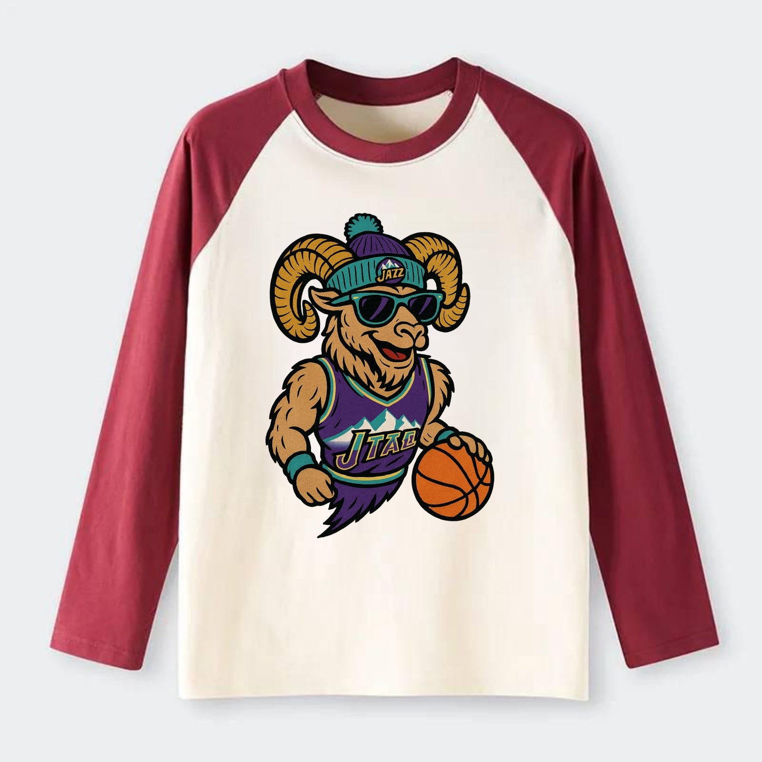 Utah Bighorn wearing Jazz beanie with mountain melody patch and - Raglan Long Sleeve T-Shirt - Red