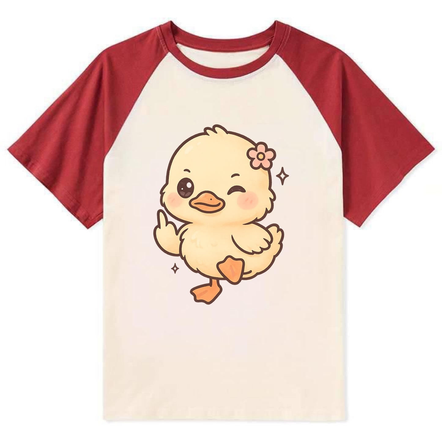 fluffy baby duck with small flower, one webbed foot raised sassily - Contrast Raglan T-shirt - Red