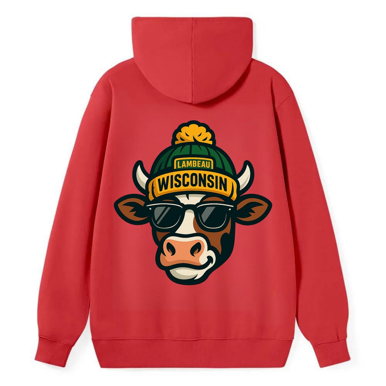 Wisconsin Cow wearing Packers beanie with Lambeau patch and wayfarer - Classic Pullover Hoodie - Red