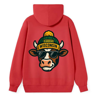 Wisconsin Cow wearing Packers beanie with Lambeau patch and wayfarer - Classic Pullover Hoodie - Red