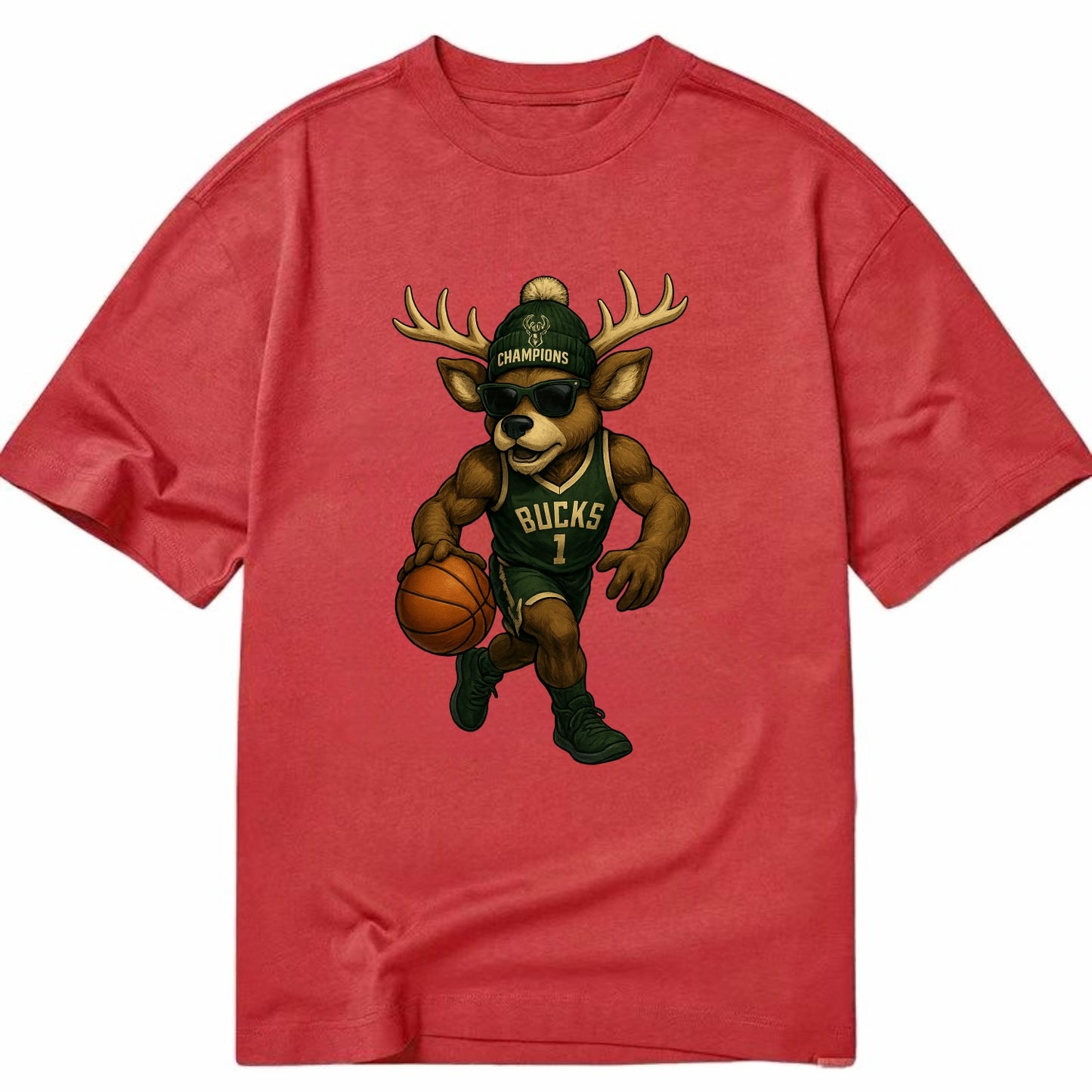 Milwaukee Buck Deer wearing Bucks green and cream beanie with antlers and - Classic T-shirt - Red