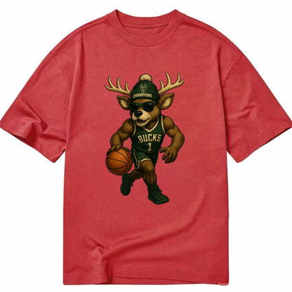 Milwaukee Buck Deer wearing Bucks green and cream beanie with antlers and - Classic T-shirt - Red