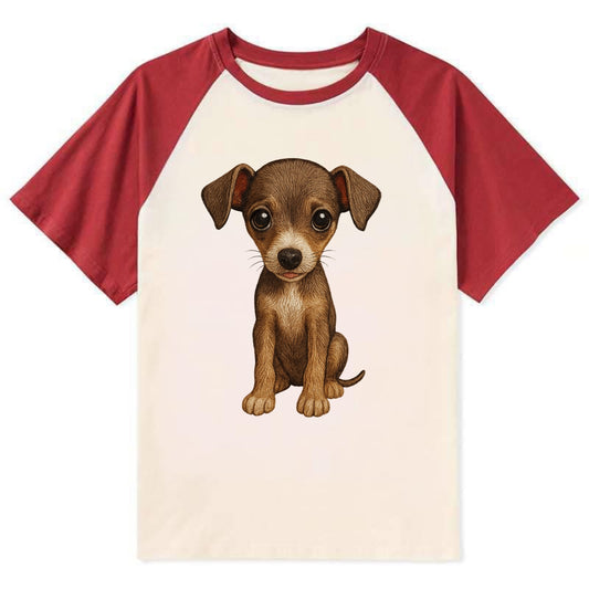 Baby Italian Greyhound Puppy - sleek tiny body, long legs, gentle eyes, - Contrast Raglan T-shirt - Red