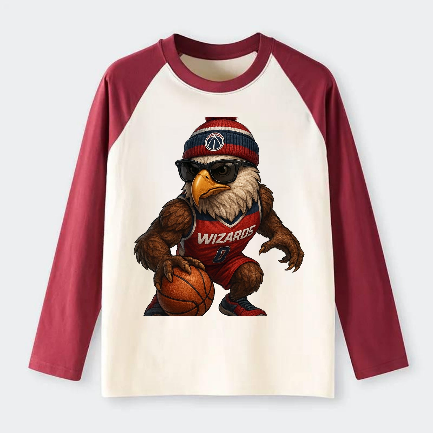 DC Eagle wearing Wizards red white and blue beanie with monument patch - Raglan Long Sleeve T-Shirt - Red