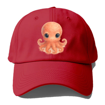 Baby Octopus - red-orange, eight tiny tentacles curled, large intelligent eyes, - Baseball Cap - Red