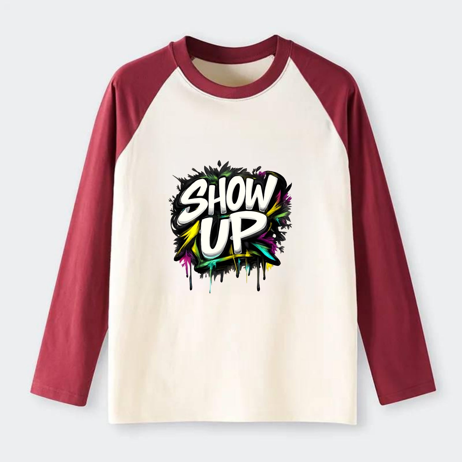 Bold typography design - "SHOW UP" - be present, arrive ready - Raglan Long Sleeve T-Shirt - Red