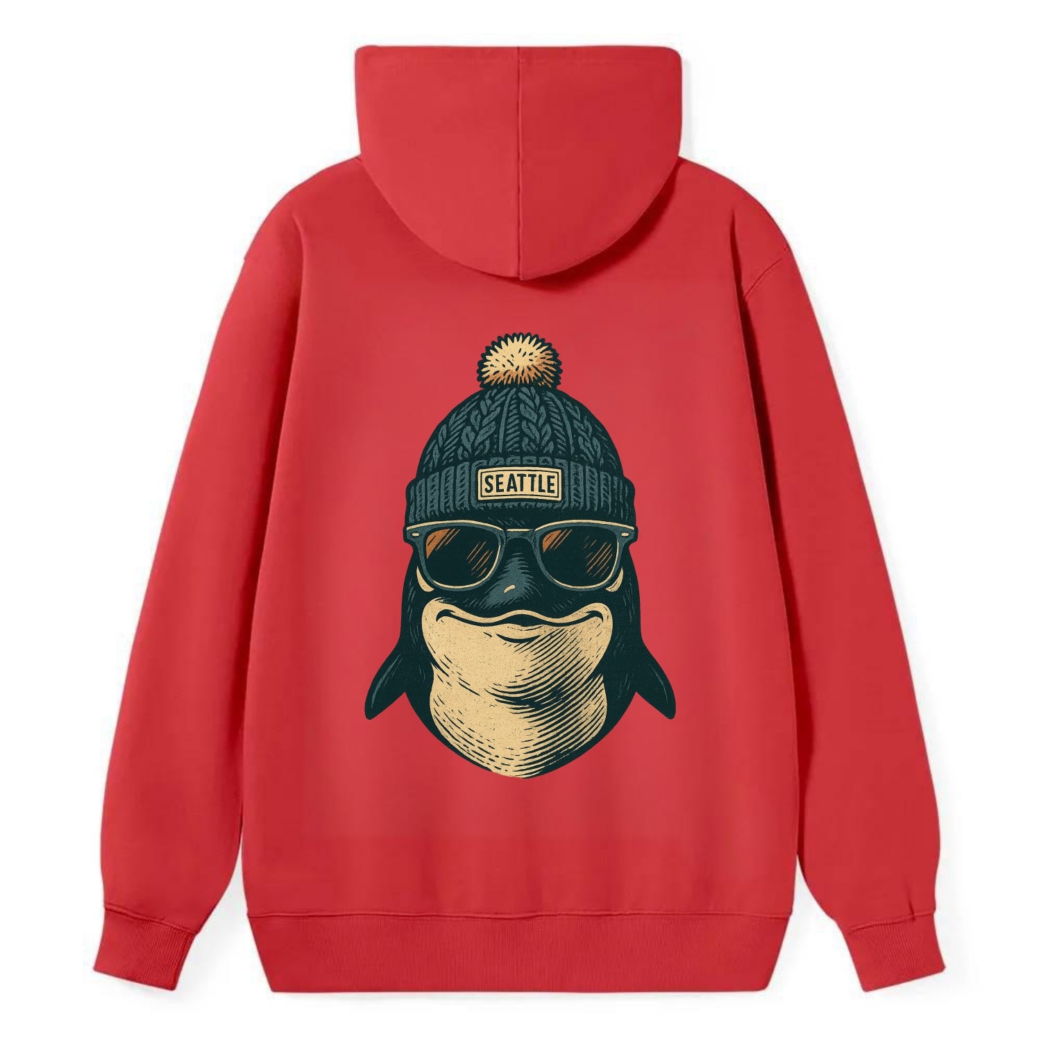Washington Orca wearing Seattle beanie with pom pom and wayfarer - Classic Pullover Hoodie - Red
