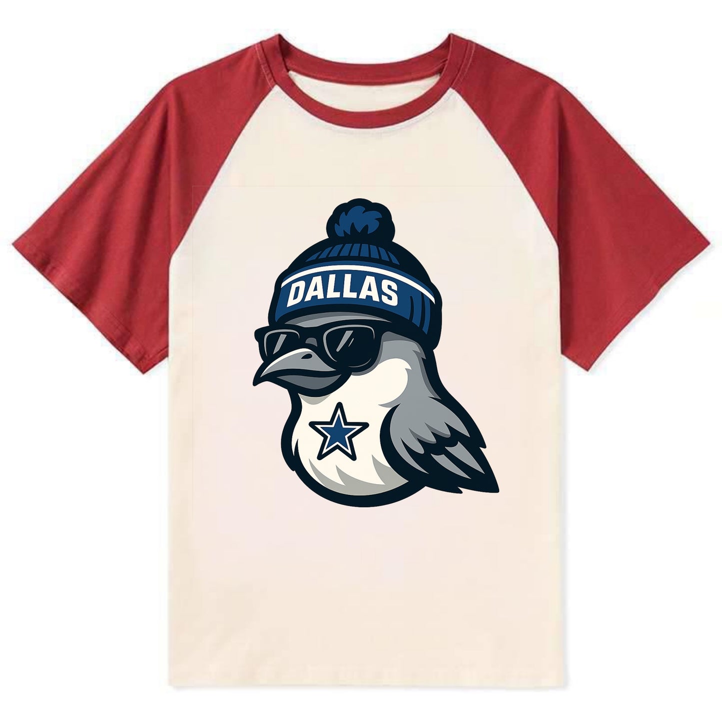 Dallas Mockingbird wearing Cowboys beanie with sheriff star and wayfarer - Contrast Raglan T-shirt - Red