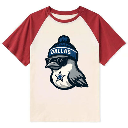 Dallas Mockingbird wearing Cowboys beanie with sheriff star and wayfarer - Contrast Raglan T-shirt - Red