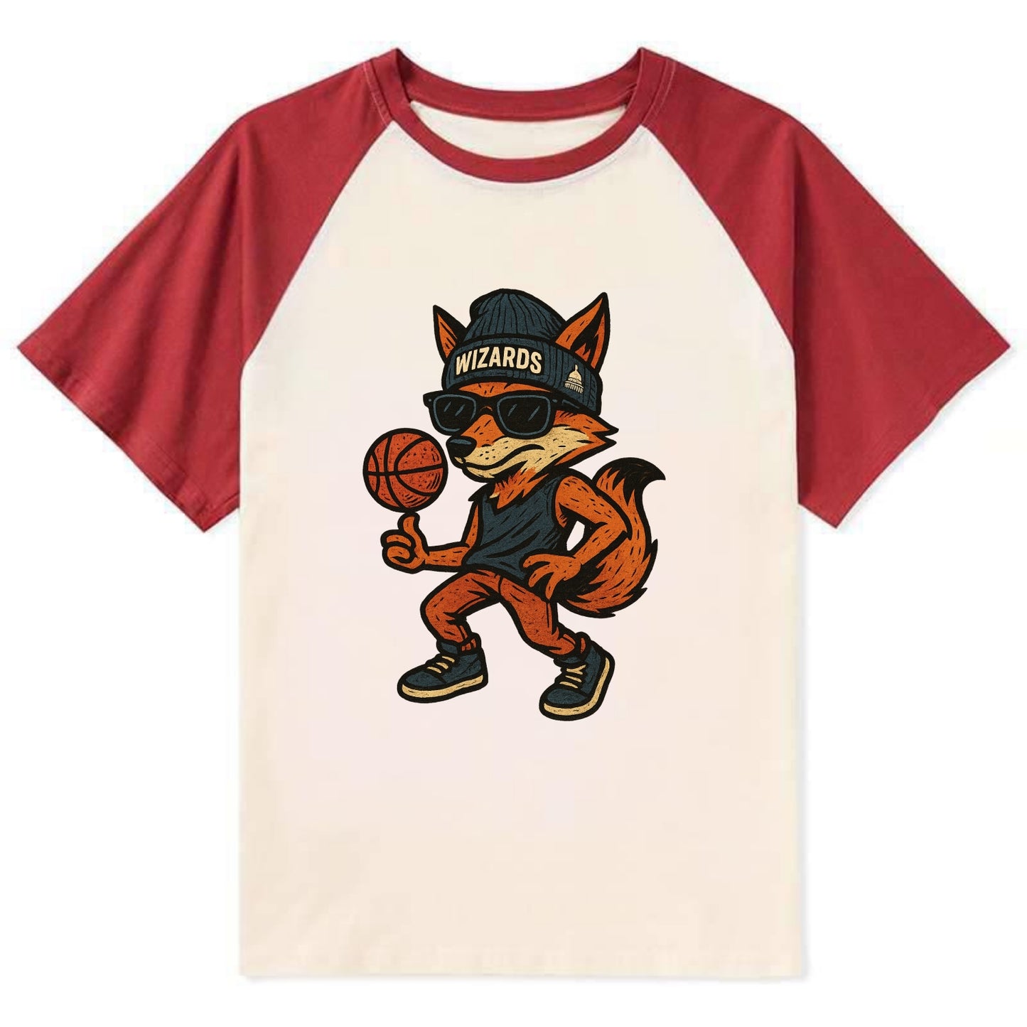 Washington Fox wearing Wizards beanie with capitol patch and wayfarer - Contrast Raglan T-shirt - Red