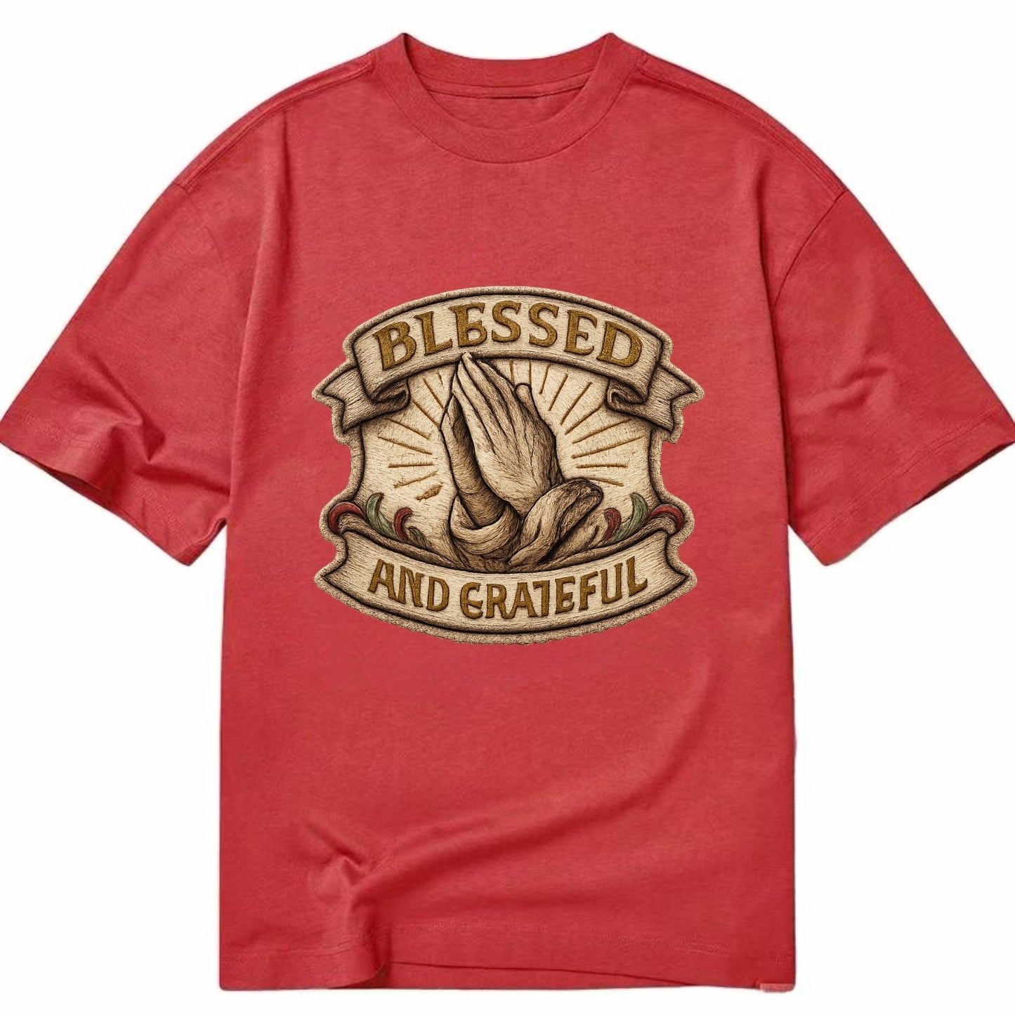 BLESSED AND GRATEFUL - praying hands with text in gold , thankful - Classic T-shirt - Red