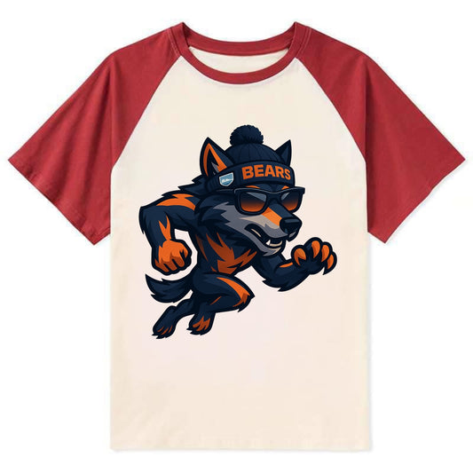 Chicago Wolf wearing Bears beanie with Lake Michigan patch and wayfarer - Contrast Raglan T-shirt - Red
