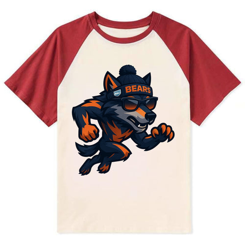 Chicago Wolf wearing Bears beanie with Lake Michigan patch and wayfarer - Contrast Raglan T-shirt