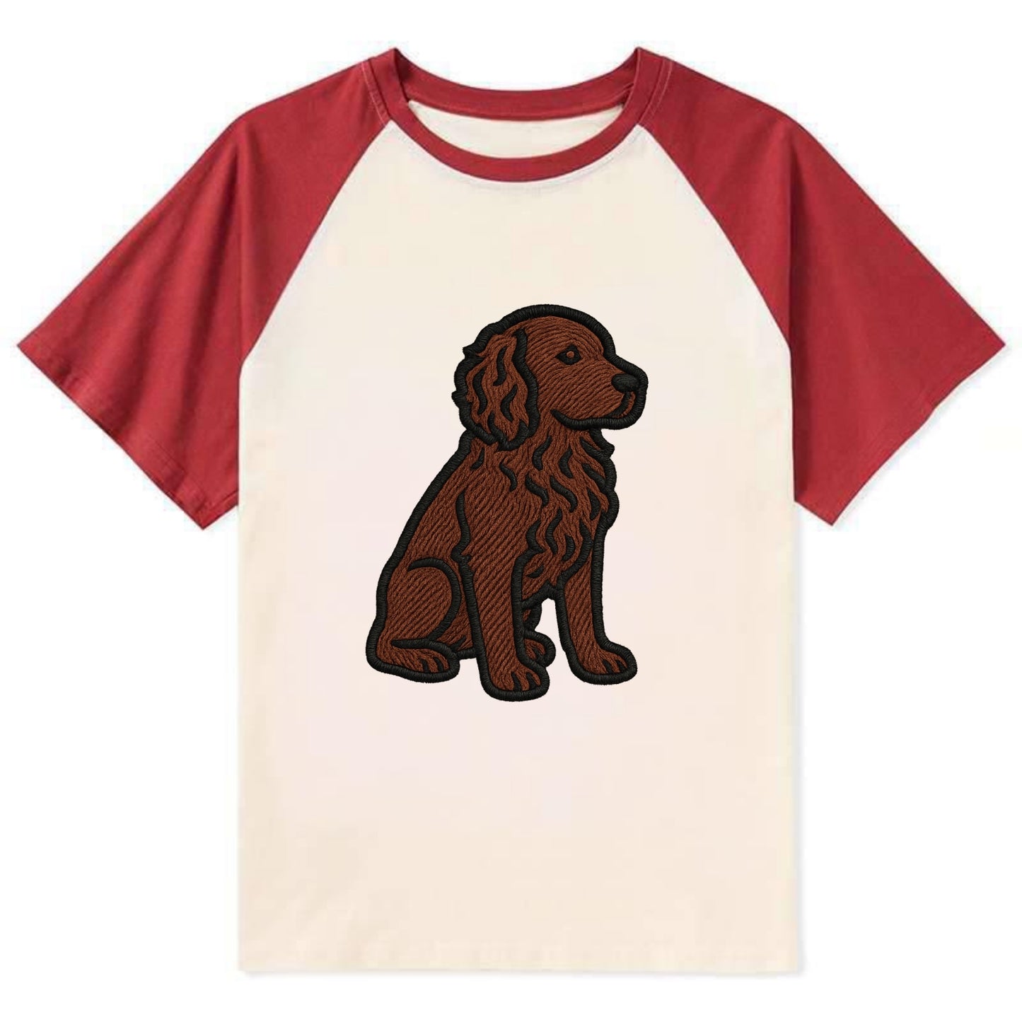 Boykin Spaniel - Rich chocolate brown wavy coat embroidered sitting pose - Contrast Raglan T-shirt - Red