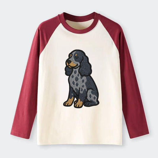 English Cocker Spaniel - Blue roan embroidered sitting pose - Raglan Long Sleeve T-Shirt - Red