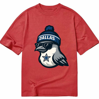 Dallas Mockingbird wearing Cowboys beanie with sheriff star and wayfarer - Classic T-shirt - Red