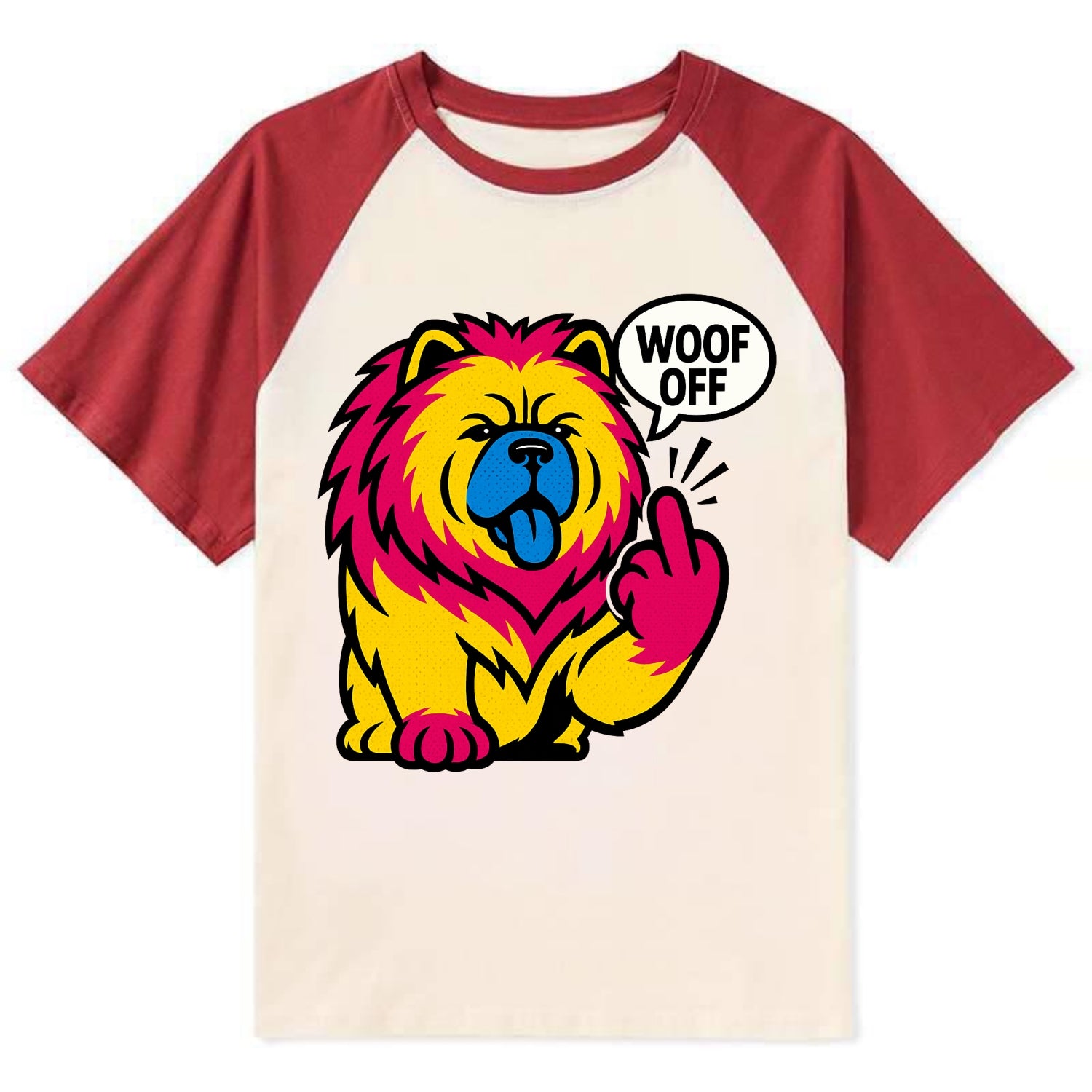 Chow Chow with lion mane and blue-black tongue, fluffy dignified paw up - Contrast Raglan T-shirt - Red