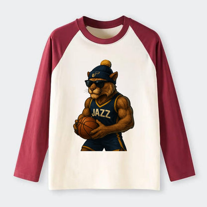 Utah Mountain Lion wearing Jazz navy and yellow beanie with music note - Raglan Long Sleeve T-Shirt - Red