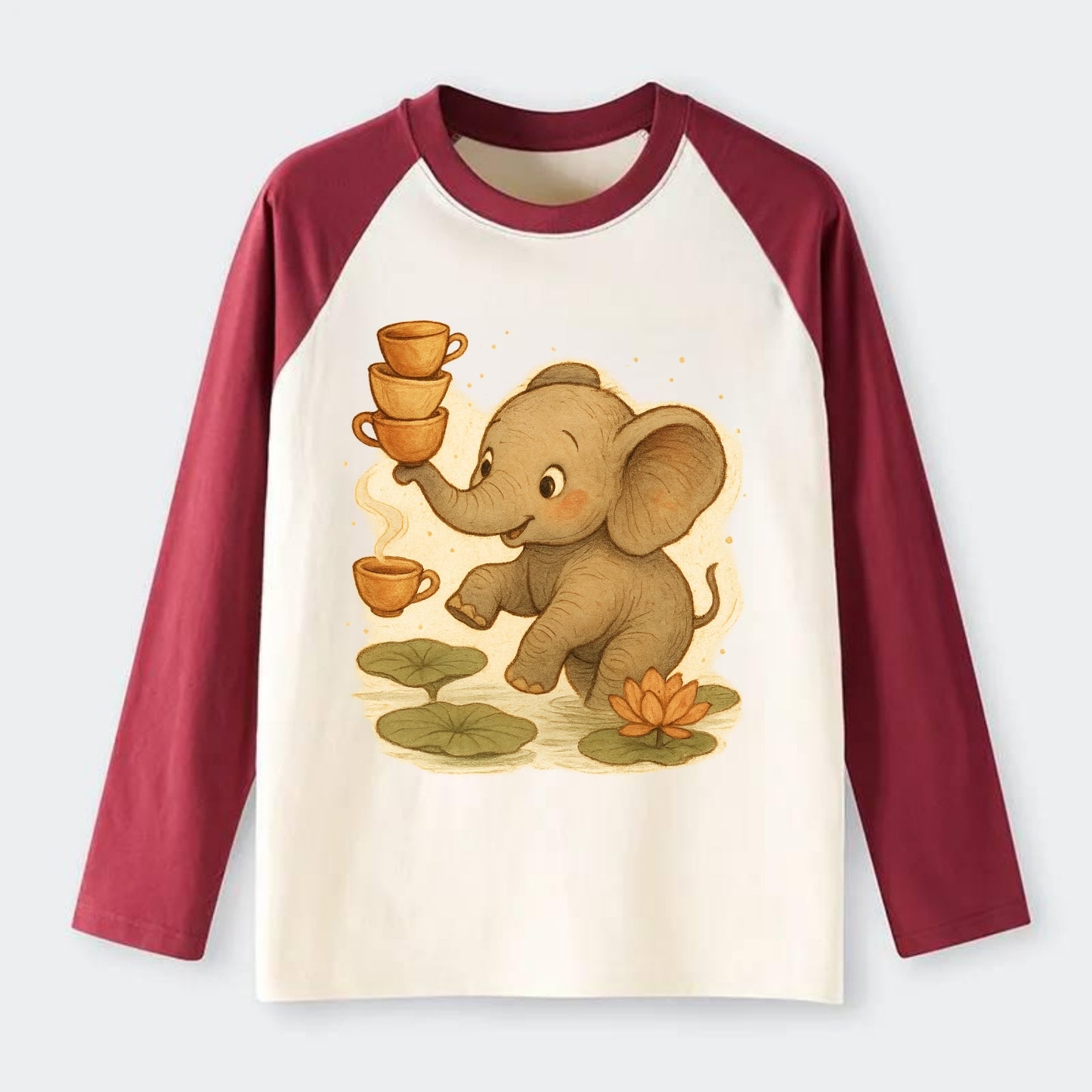 Elephant balancing teacups during a floating tea ceremony beside lotus - Raglan Long Sleeve T-Shirt - Red