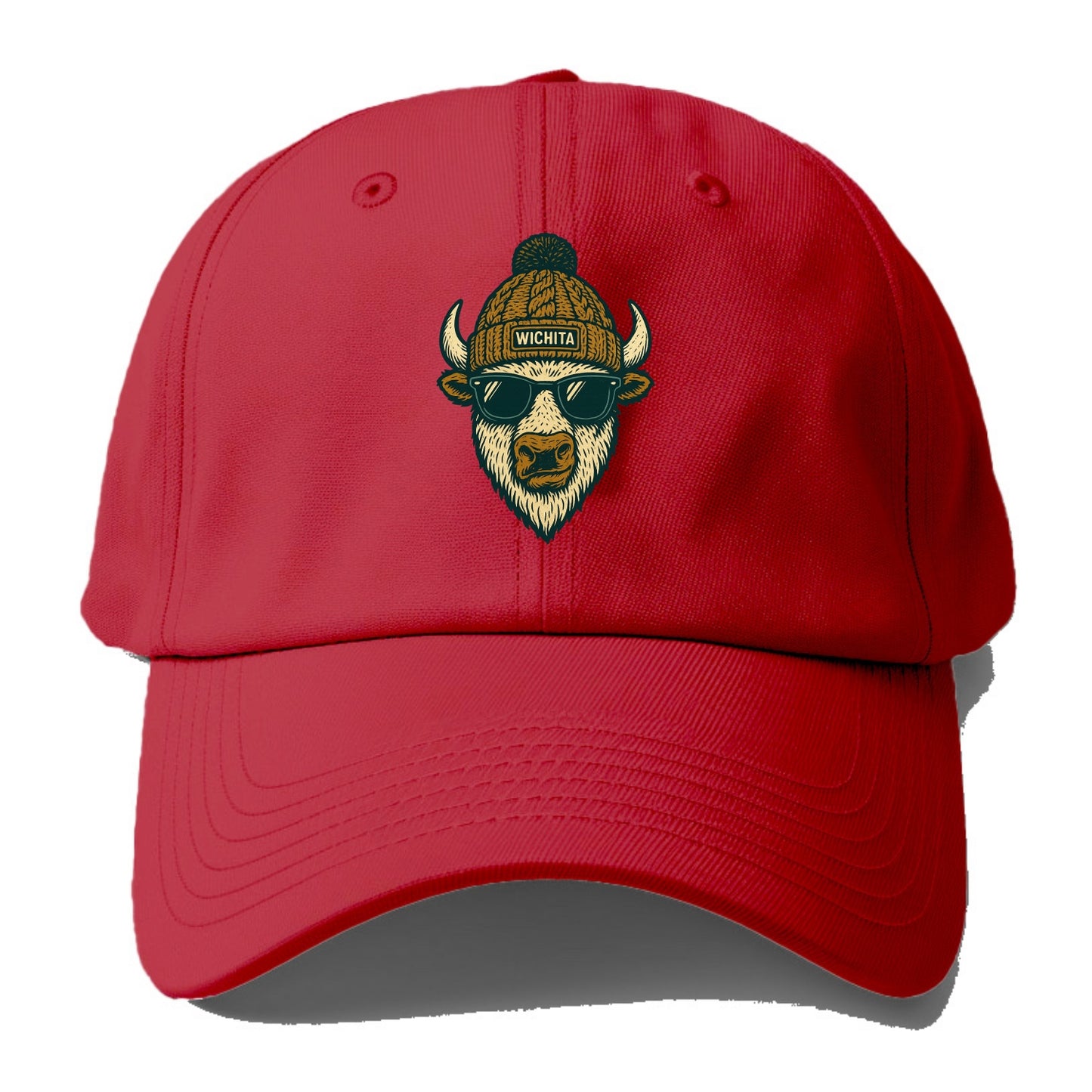 Kansas American Bison wearing Wichita beanie with pom pom and wayfarer sunglasses - Baseball Cap - Red