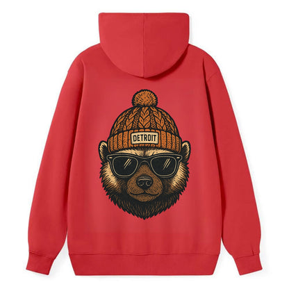 Detroit Wolverine wearing Detroit beanie with pom pom and wayfarer - Classic Pullover Hoodie - Red