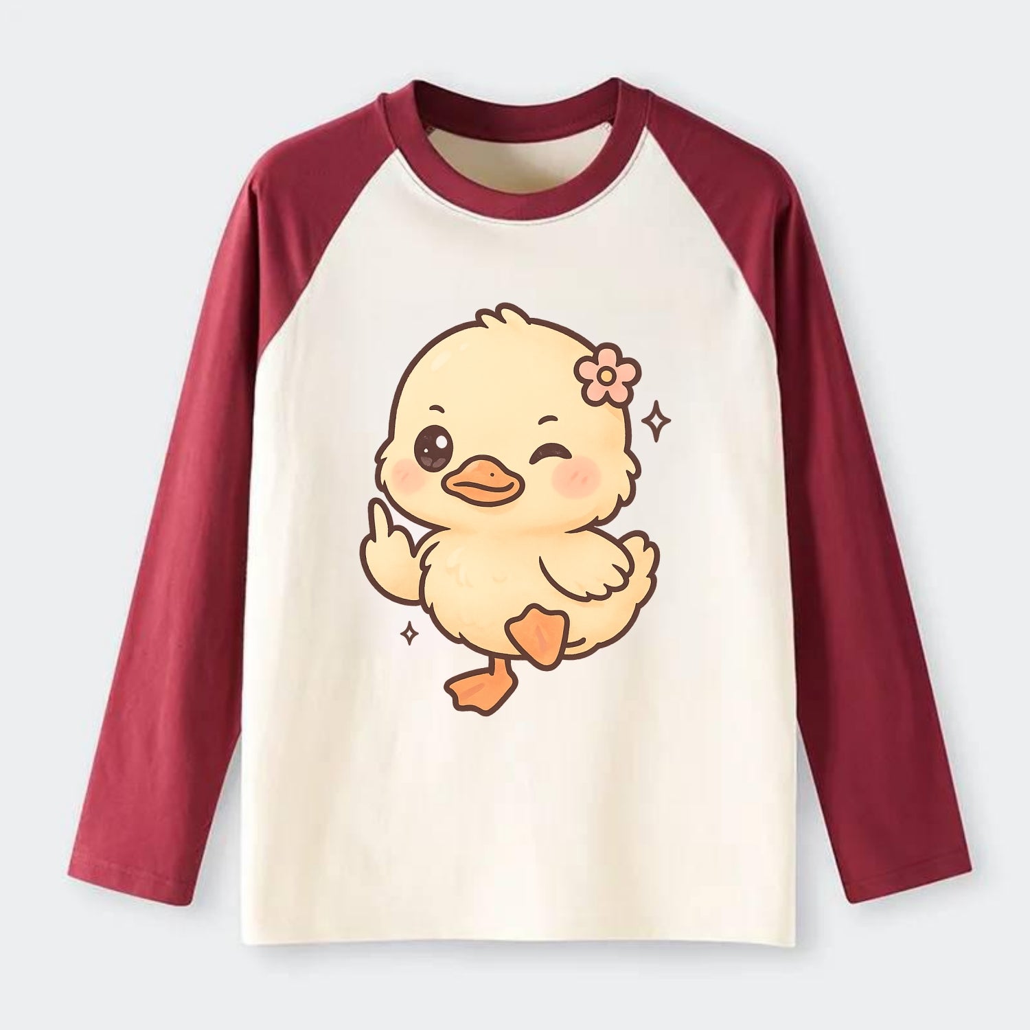 fluffy baby duck with small flower, one webbed foot raised sassily - Raglan Long Sleeve T-Shirt - Red