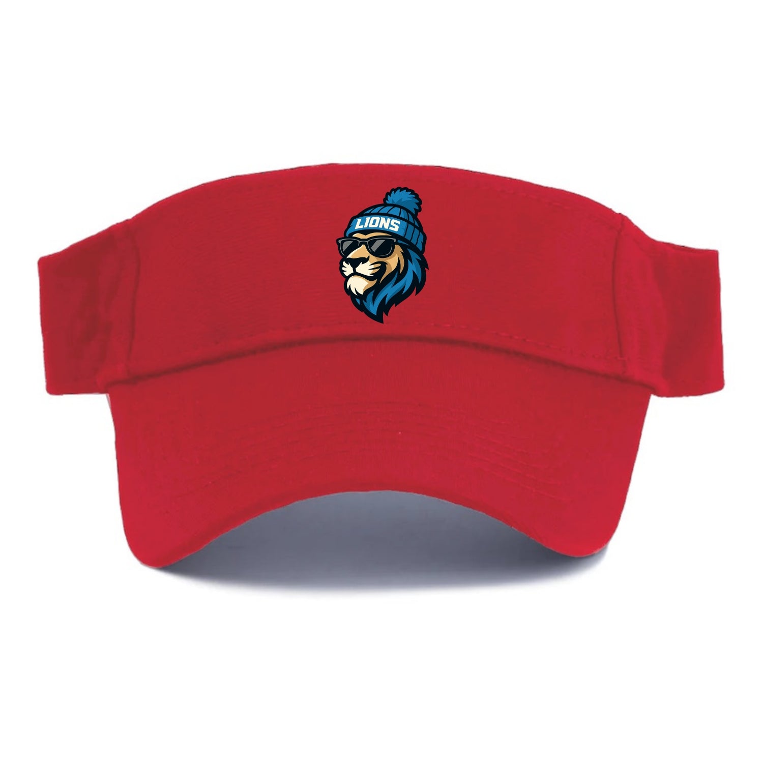 Detroit Lion wearing Lions Honolulu blue and silver beanie with pom pom and wayfarer - Visor - Red