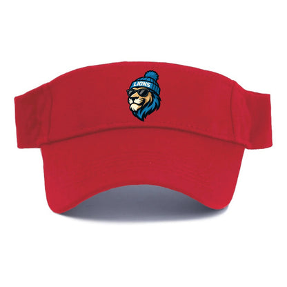 Detroit Lion wearing Lions Honolulu blue and silver beanie with pom pom and wayfarer - Visor - Red