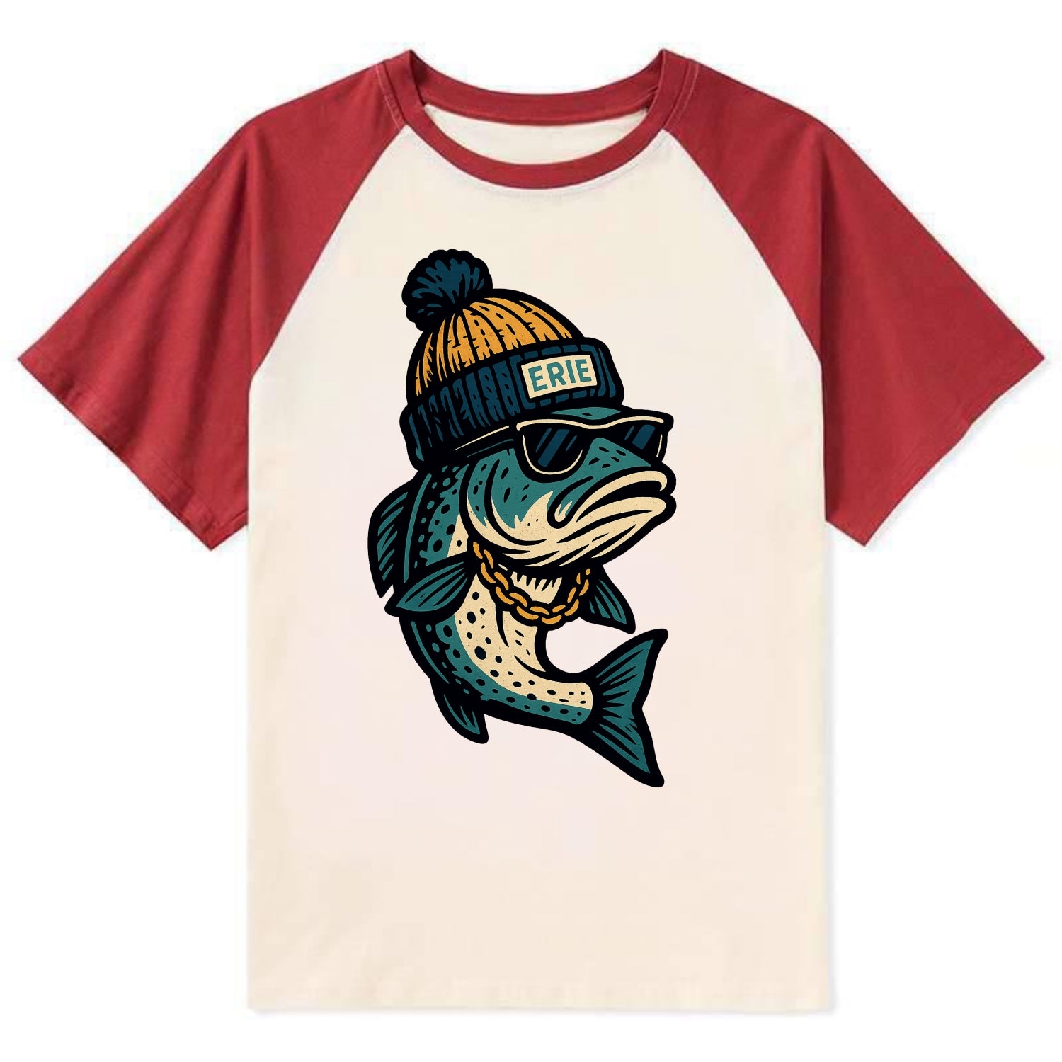 Erie Lake Trout wearing Erie beanie with - Contrast Raglan T-shirt - Red