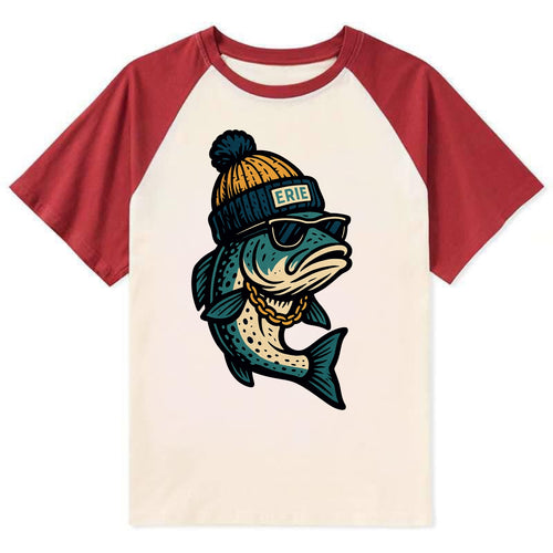 Erie Lake Trout wearing Erie beanie with - Contrast Raglan T-shirt